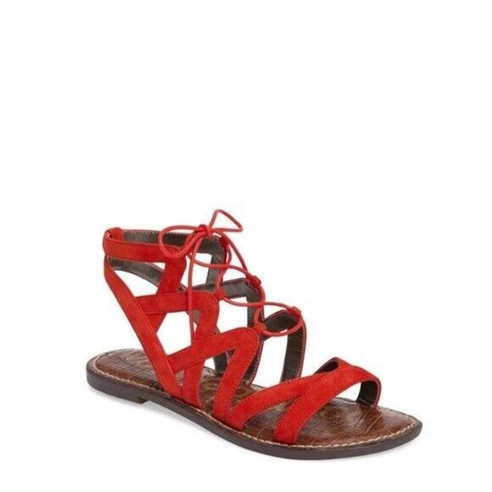 Sam Edelman GEMMA Sandal Caged Red Suede Gladiator Strappy Flat Open 8.5